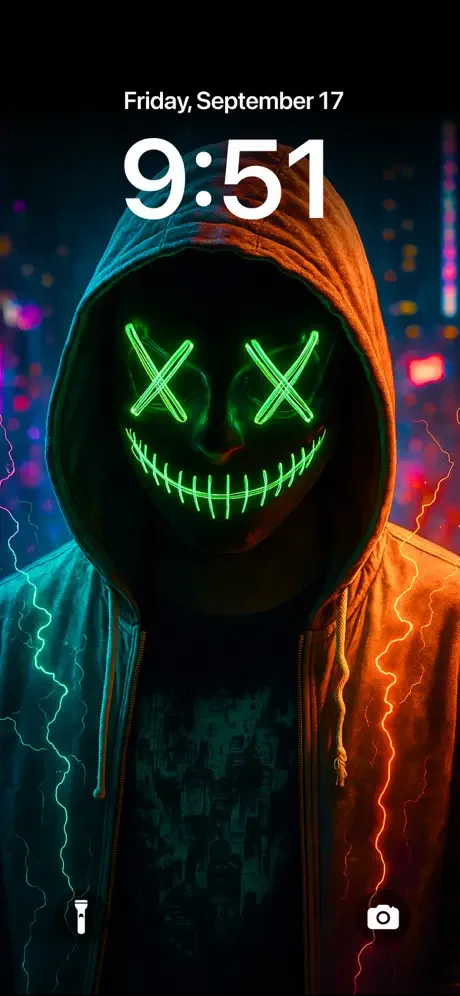 Neon spooky ghost lock screen wallpaper with glowing green face and blue-orange lightning effects for iPhone