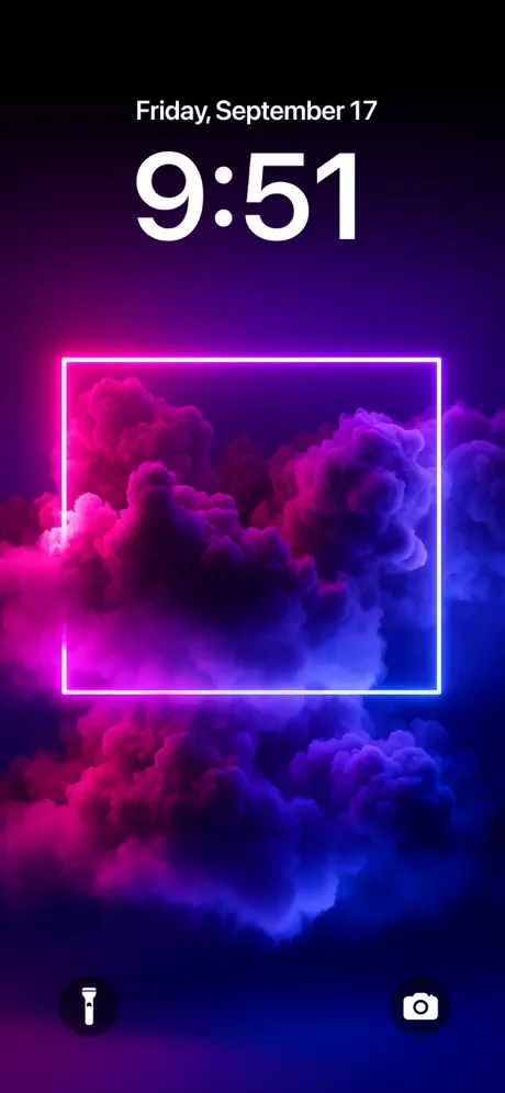 Vibrant neon pink and blue cloud wallpaper with glowing rectangle frame for iPhone lock screen display