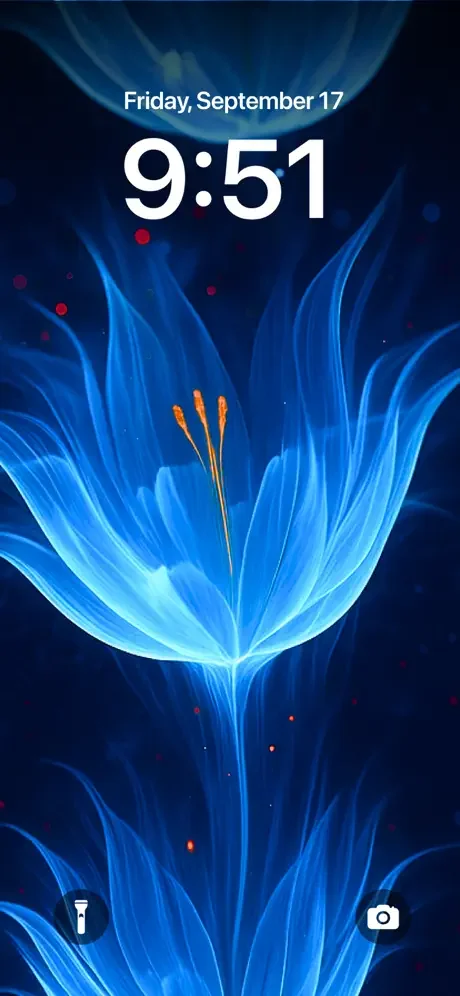 Blue glowing dandelion flower wallpaper with neon petals and orange accents for iPhone display