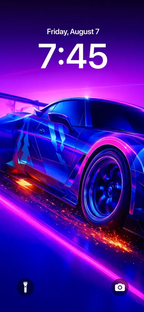 Neon blue and pink sports car wallpaper with glowing effects on lock screen displaying time 7:45 and flashlight and camera icons
