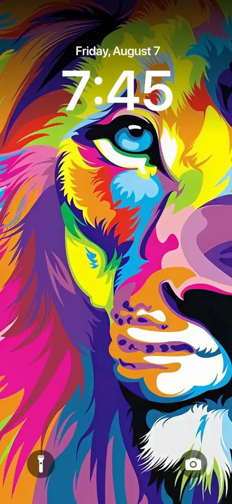 Vibrant pop-art portrait wallpaper with colorful feathered face in multiple colors on lock screen displaying time 7:45