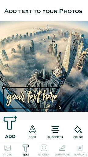 Text watermarking tool with cityscape photo showing customizable font, alignment, and color options