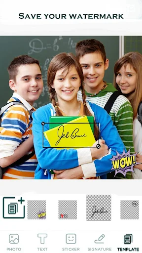 Save watermarked photos with signature and sticker overlays using template storage features