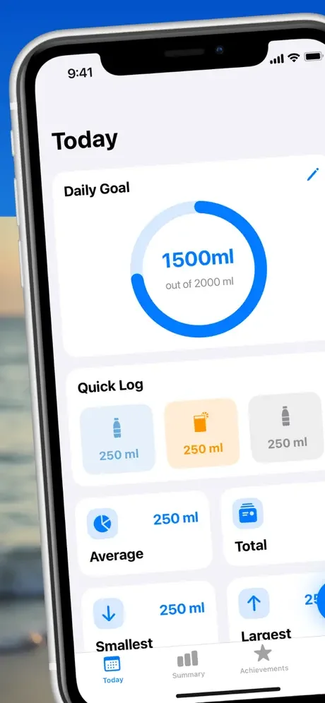 Water Reminder app daily goal tracker showing 1500ml hydration progress with quick logging buttons for water intake