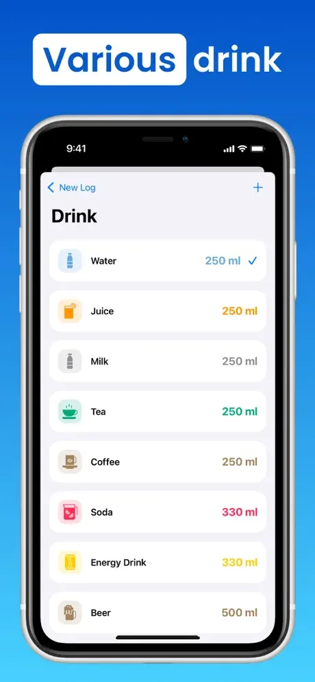 Drink logging screen showing beverage options: water, juice, milk, tea, coffee, soda, and energy drink with volumes