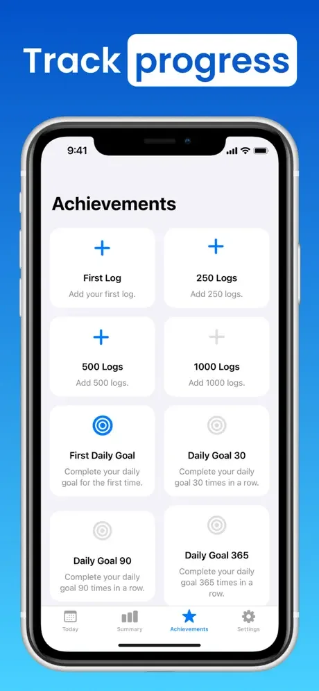 Achievements screen showing water intake milestones, daily goal completion progress badges, and hydration challenges