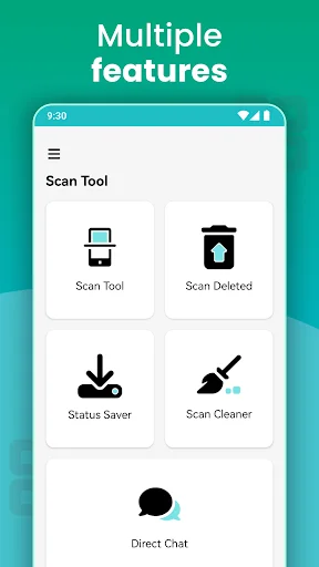 Web Scan Tool main menu with five feature options: Scan Tool, Scan Deleted, Status Saver, Scan Cleaner, and Direct Chat