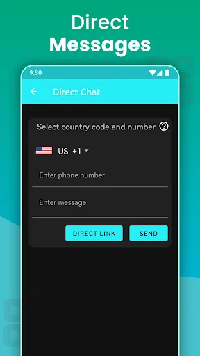 Direct messaging interface with country code selector, phone and message input fields, Direct Link and Send buttons