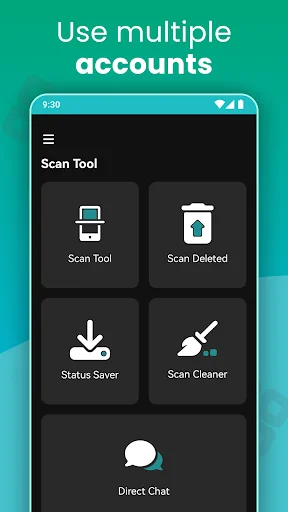 Multi-account Web Scan Tool with dark interface showing Scan Tool, Scan Deleted, Status Saver, Scan Cleaner, Direct Chat