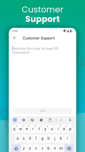 Customer Support form with issue description field (minimum 20 characters), Send button, and mobile keyboard