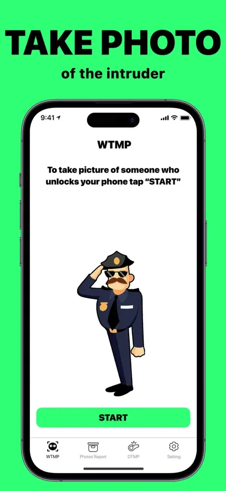 WTMP Who Touched My Phone home screen with police officer illustration and green START button to capture intruder photos