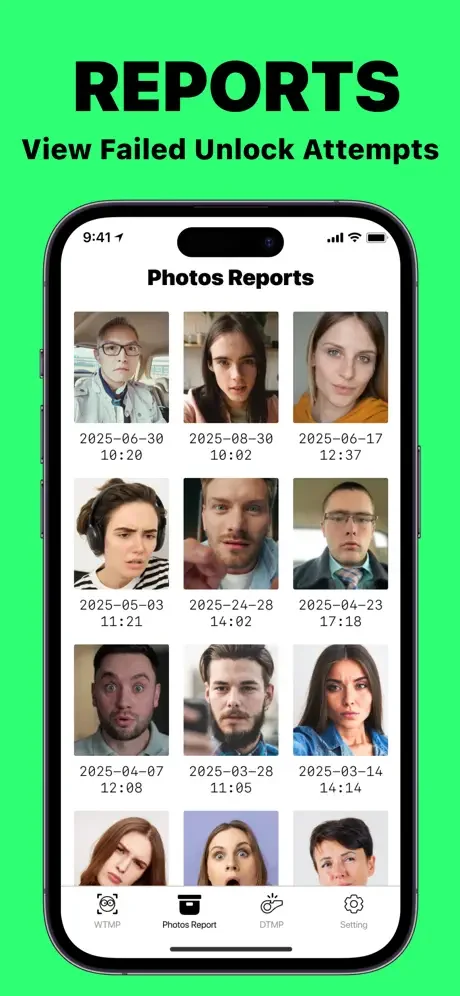 WTMP Photos Reports gallery displaying grid of unauthorized unlock attempt captures with date and time stamps
