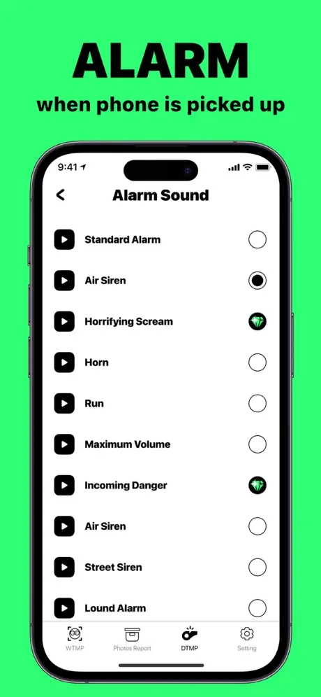 WTMP Alarm Sound settings list with multiple selectable notification alert options for phone pickup detection