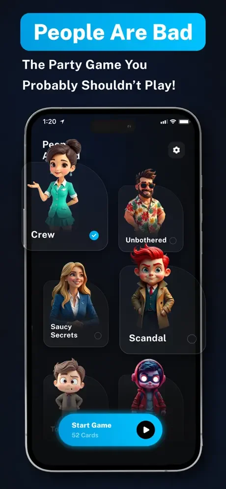 People Are Bad party game character selection screen showing different game modes including Crew with Start Game button