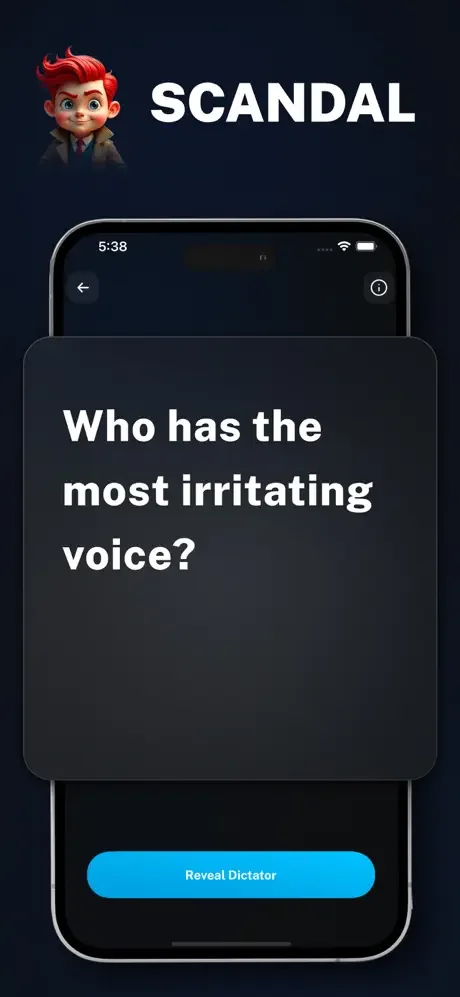Scandal game mode displaying awkward party game question Who has the most irritating voice with Reveal Dictator button