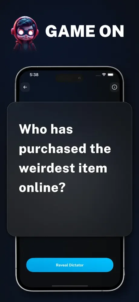 Game On mode in People Are Bad showing hilarious party game question Who has purchased the weirdest item online with Reveal Dictator