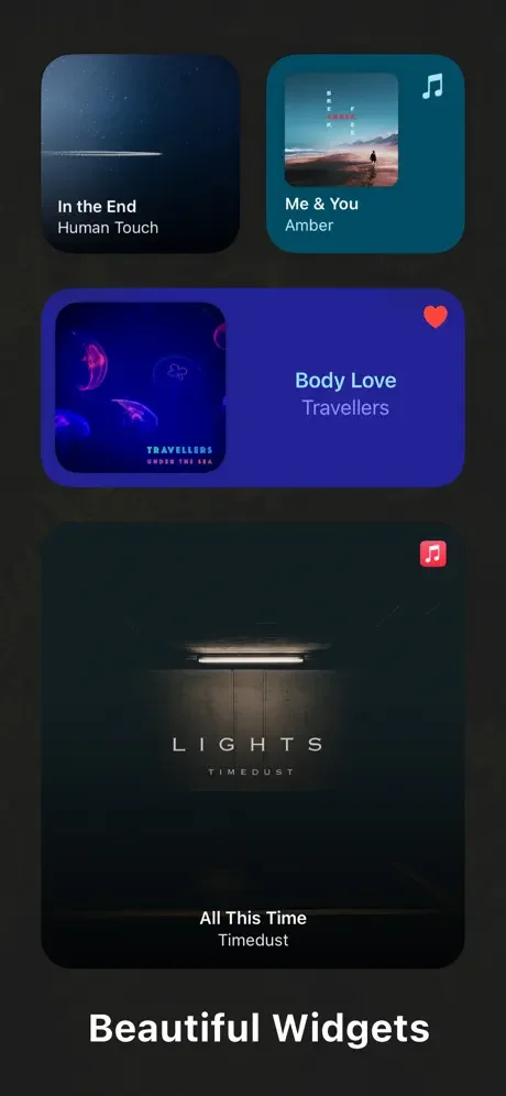 Customizable music widgets for iPhone Home Screen displaying Apple Music and Spotify songs with artwork and artist info
