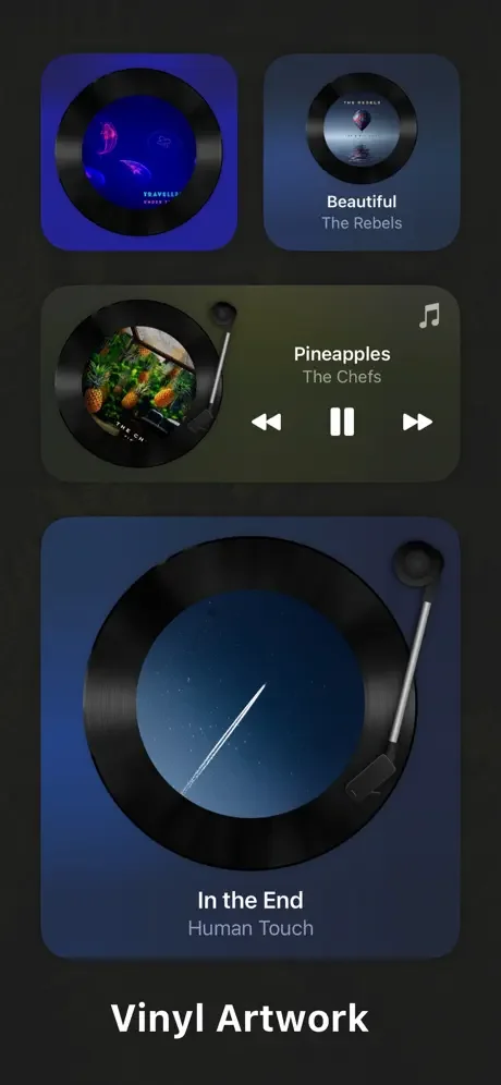 Vinyl record-style music widgets with turntable design and animated artwork for Apple Music and Spotify playback