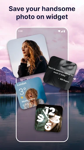 Photo widget customization showing how to save and display personal photos on home screen with various widget designs