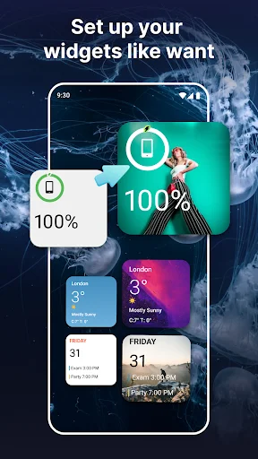 Widget customization interface displaying battery status, weather, calendar dates, and personalization options for home screen
