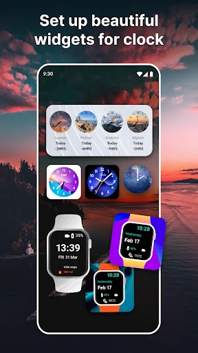 Clock widget showcase featuring multiple beautiful clock designs, photo carousel widget, and smart watch clock widget styles