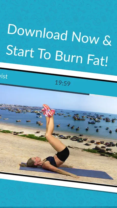 Women's home workout app showcasing beach core exercise with fat-burning leg lift routine and 20-minute timer