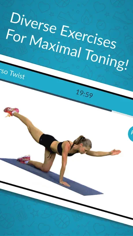 Women's toning exercise guide demonstrating torso twist core movement with 20-minute workout timer for muscle training