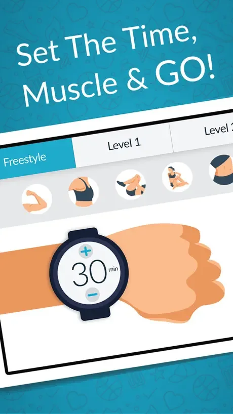 Customizable fitness timer interface showing freestyle muscle workout with multiple exercise options and 30-minute session timer