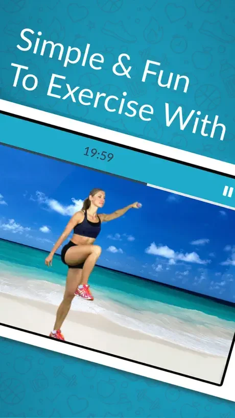 Women's home cardio workout featuring beach jogging exercise demonstration with simple, fun fat-burning fitness routine