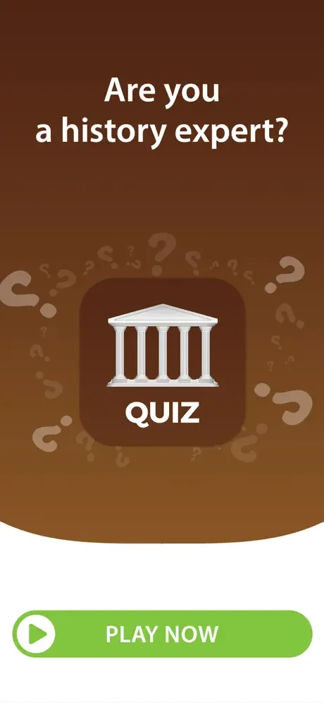 World History Trivia Quiz welcome screen with temple graphic and Play Now button to start quiz game