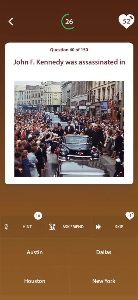 Trivia quiz question about John F. Kennedy assassination with image and multiple choice answer options