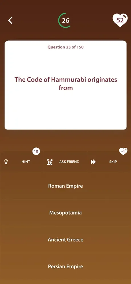 History trivia question about Code of Hammurabi origins with four answer options to select from
