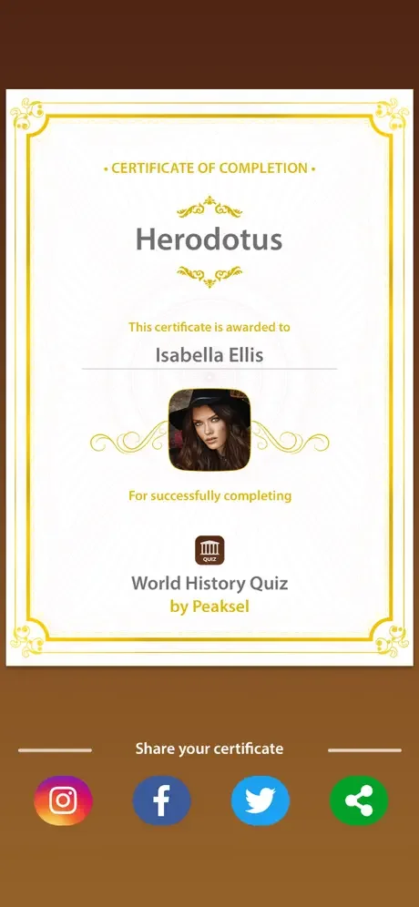Quiz completion certificate achievement for World History Trivia with user profile and social sharing buttons