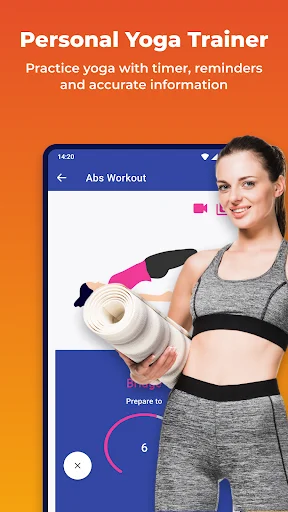 Abs Workout personal trainer showing female instructor and countdown timer for beginner fitness challenge