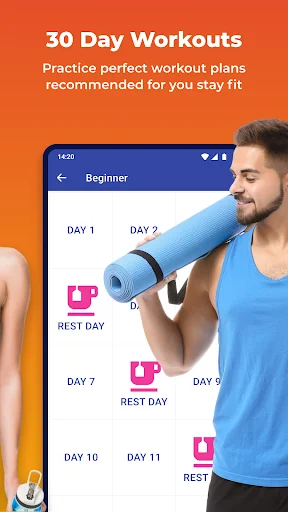 30 Day Beginner Workout calendar showing workout days, rest days, and yoga mat for structured fitness progression