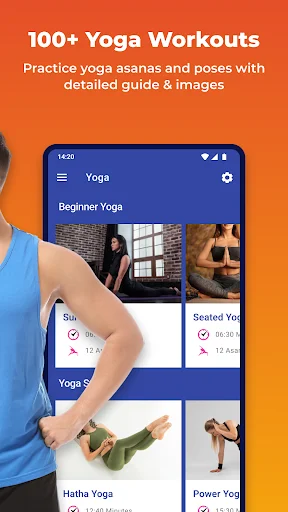 100+ Yoga Workouts library displaying poses: Sun Salutation, Seated Yoga, Hatha Yoga, Power Yoga workout classes