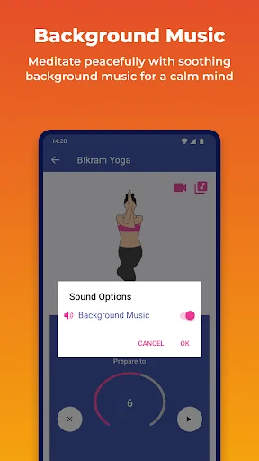 Background Music meditation feature with Sound Options toggle, yoga video session, and countdown timer display