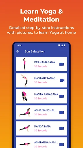 Sun Salutation yoga sequence with video tutorials and 30-second durations for each asana pose instruction