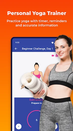 Personal Yoga Trainer interface showing female instructor, Day 1 beginner challenge timer, and workout preparation instructions