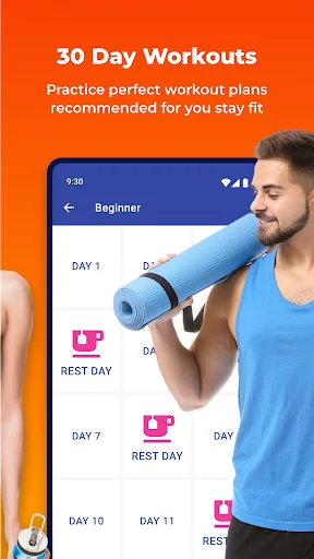 30 Day Workout calendar plan with scheduled workout days, rest days, and yoga mat for beginner fitness progression