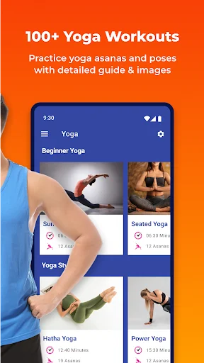 100+ Yoga Workouts grid featuring Sun Salutation, Seated Yoga, Hatha Yoga, Power Yoga with class duration information