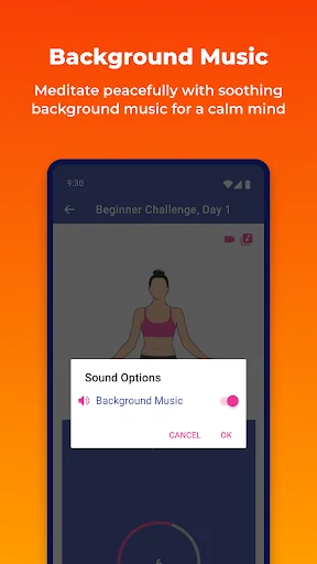 Sound Options dialog with background music toggle for peaceful meditation and calming yoga workout sessions