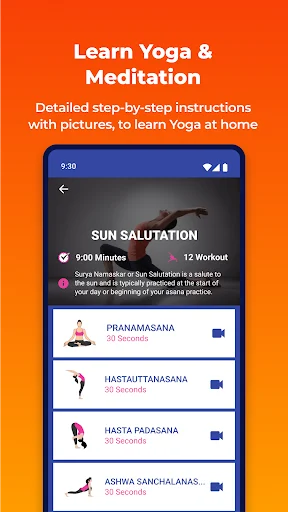 Learn Yoga & Meditation: Sun Salutation sequence with step-by-step poses including Pranamasana and Hastauttanasana