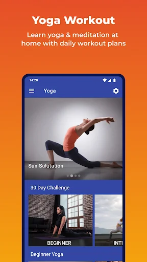 Yoga home screen with Sun Salutation workout, 30 Day Challenge beginner and intermediate options, Beginner Yoga